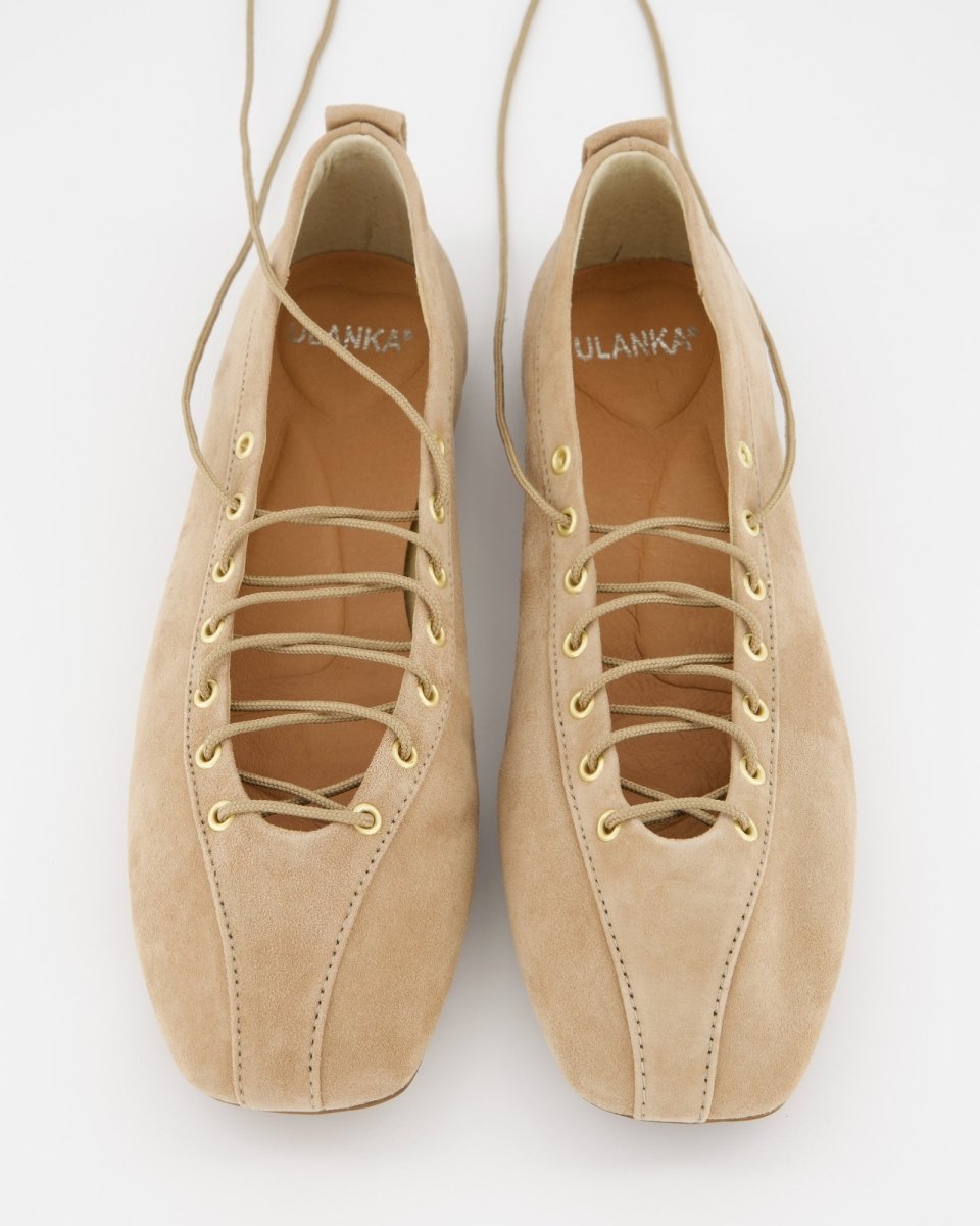 Beige suede lace-up ballet flats