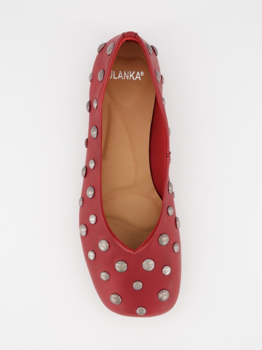 RED LEATHER BALLET FLATS WITH STUDS - MATHILDA