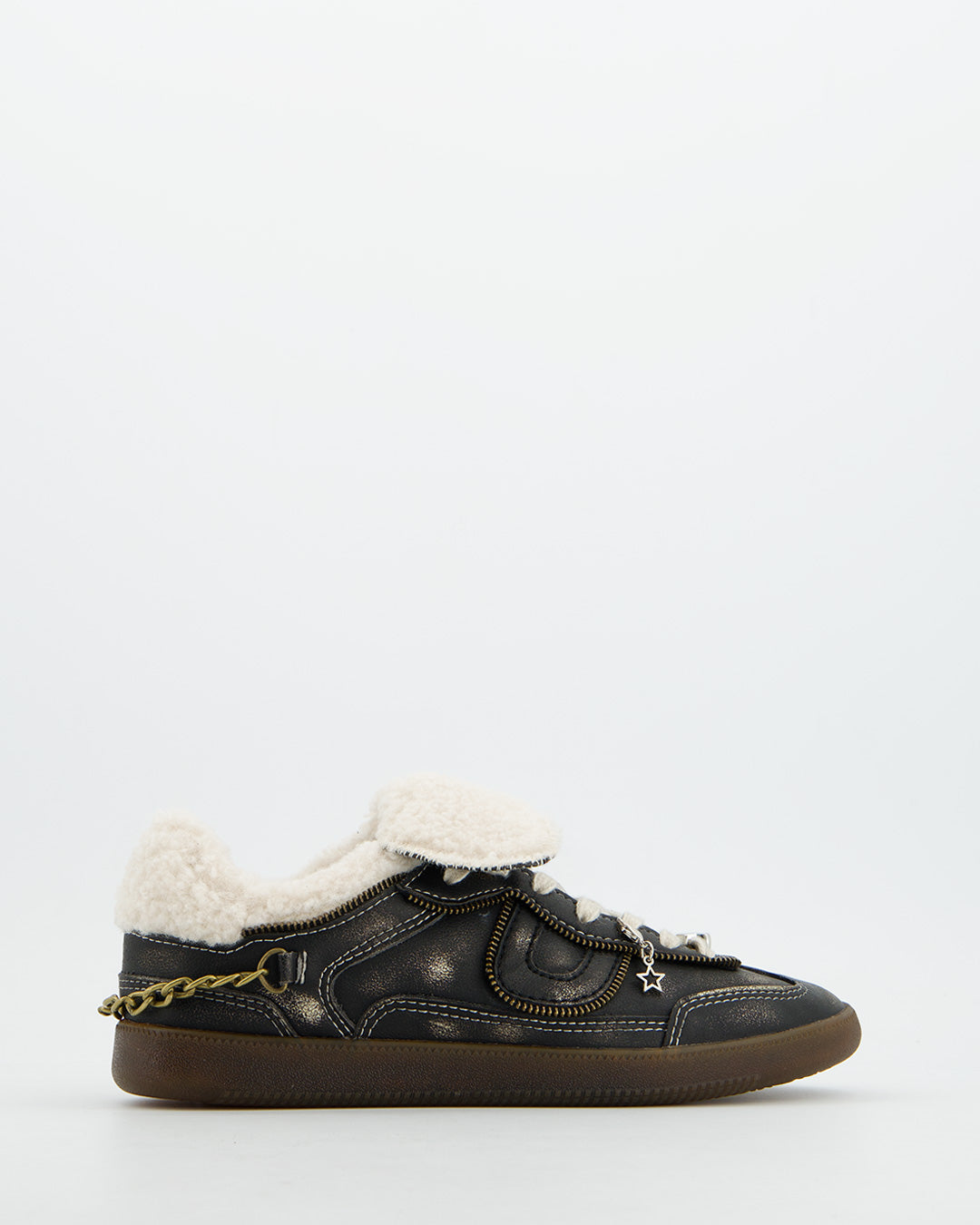 DARK LEATHER SNEAKER WITH SHEARLING COLLAR - CHILE
