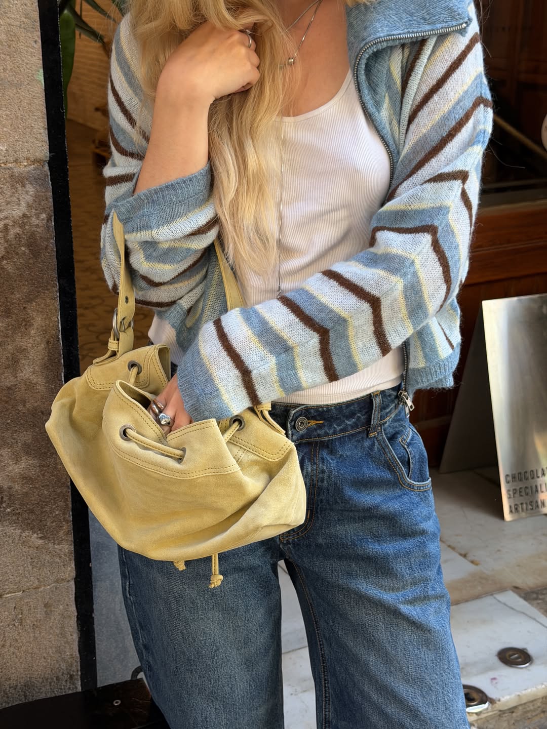 CROPPED STRIPED KNIT JACKET WITH FOLD-OVER COLLAR - LUZIA