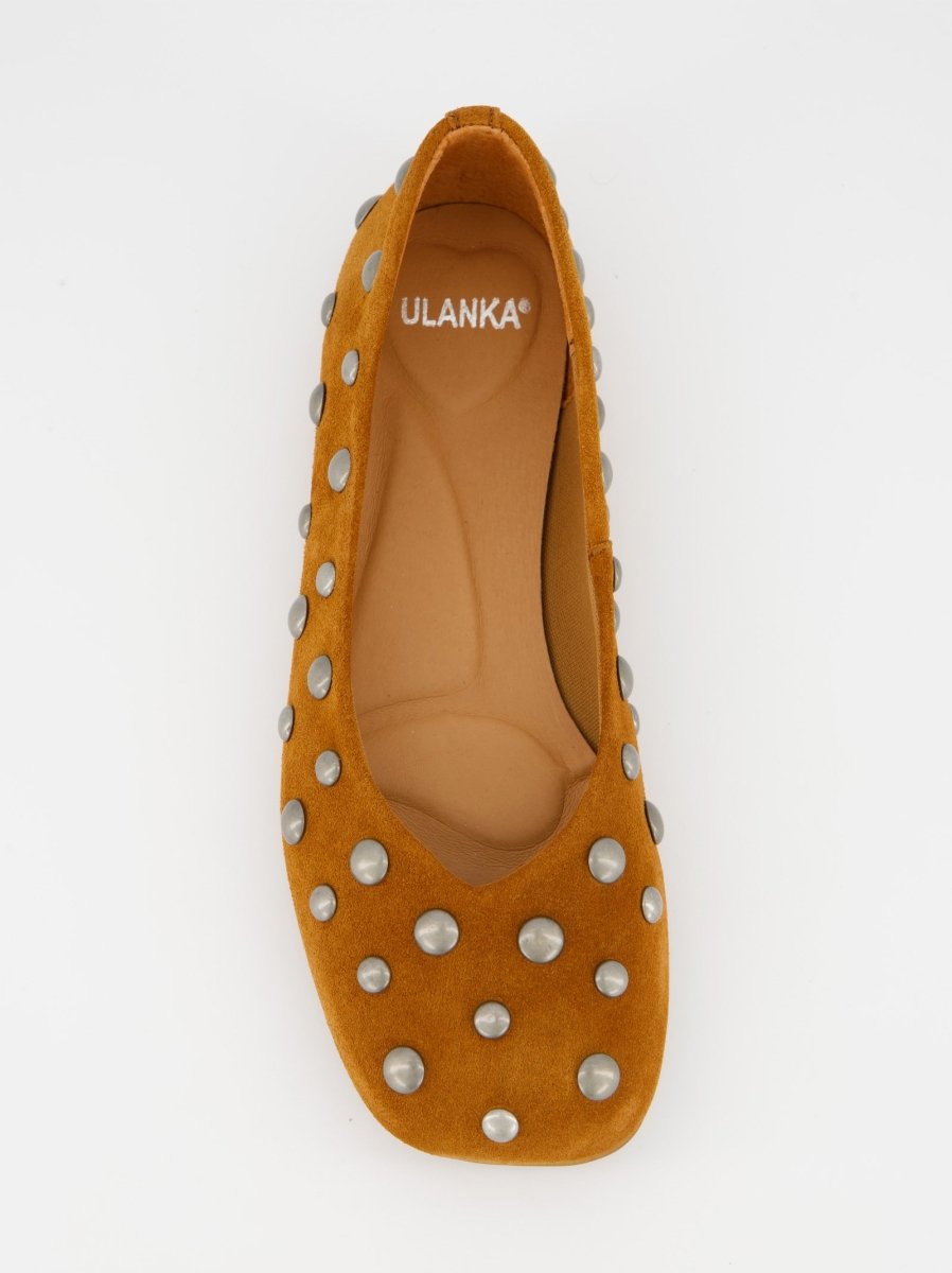BROWN LEATHER BALLET FLATS WITH STUDS - MATHILDA