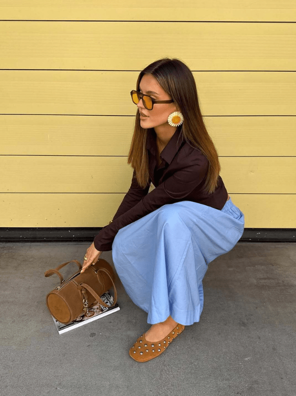 BROWN LEATHER BALLET FLATS WITH STUDS - MATHILDA
