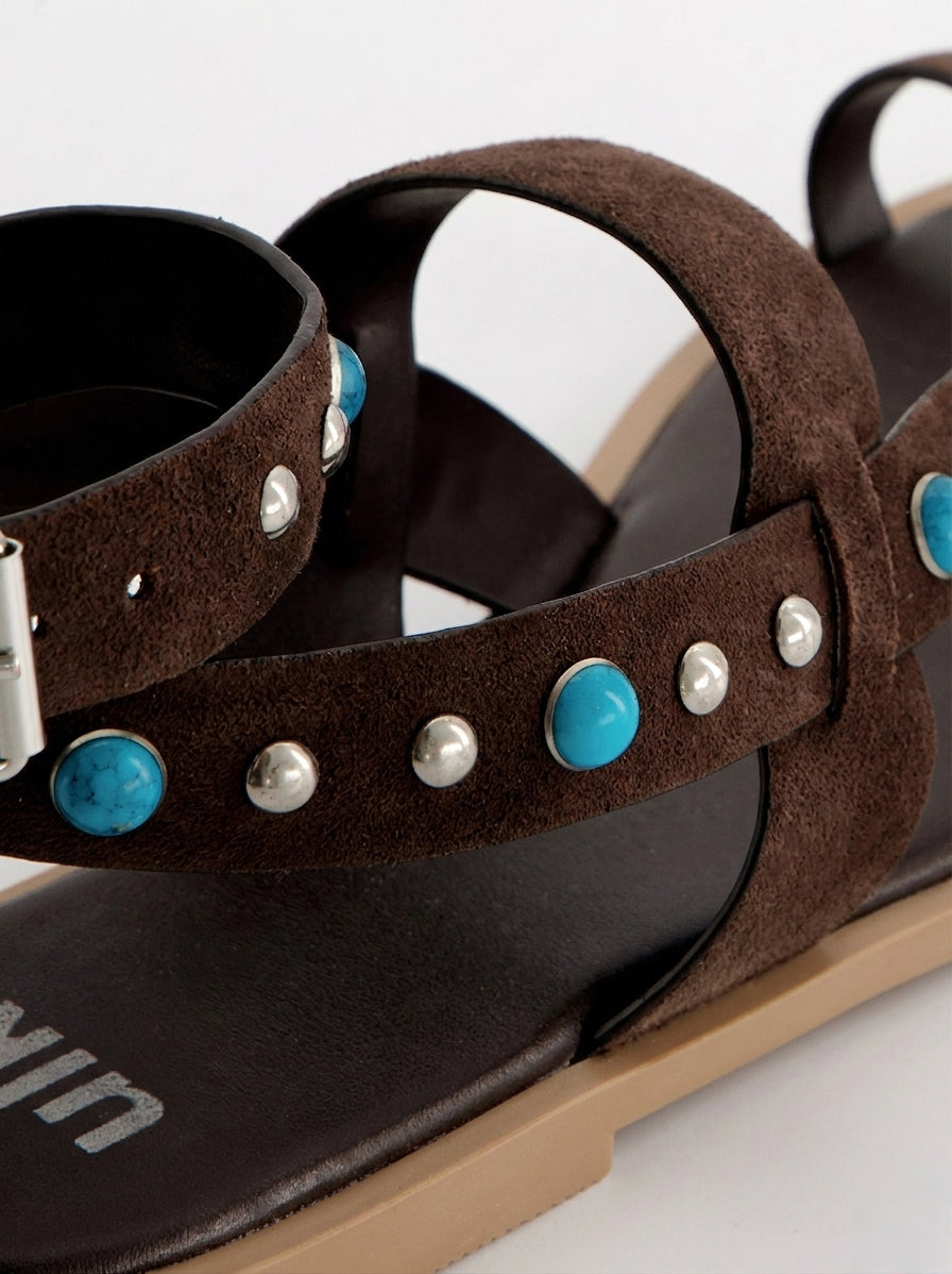 TURQUOISE-STUDDED LEATHER FLAT SANDALS - POMAN