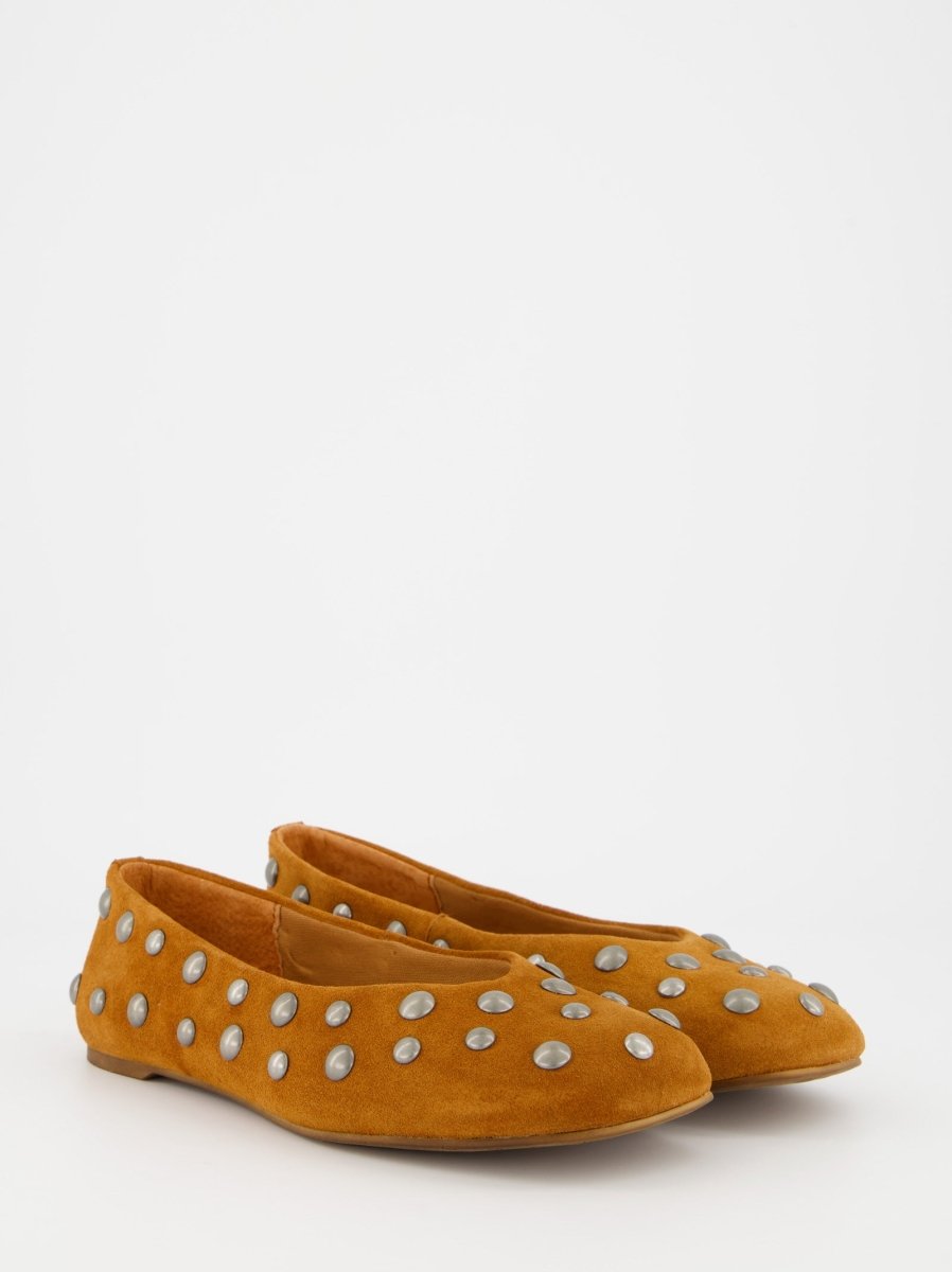 BROWN LEATHER BALLET FLATS WITH STUDS - MATHILDA