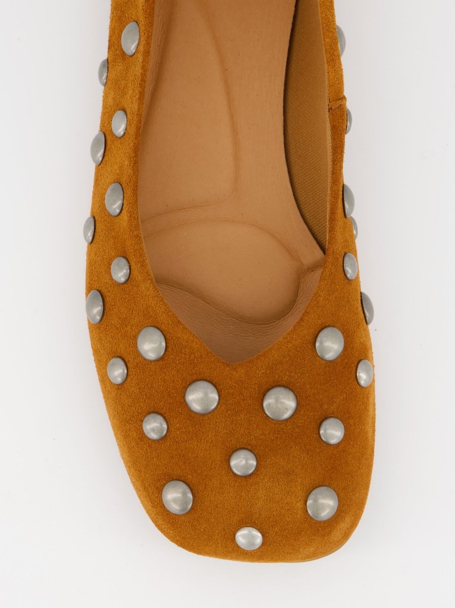 BROWN LEATHER BALLET FLATS WITH STUDS - MATHILDA