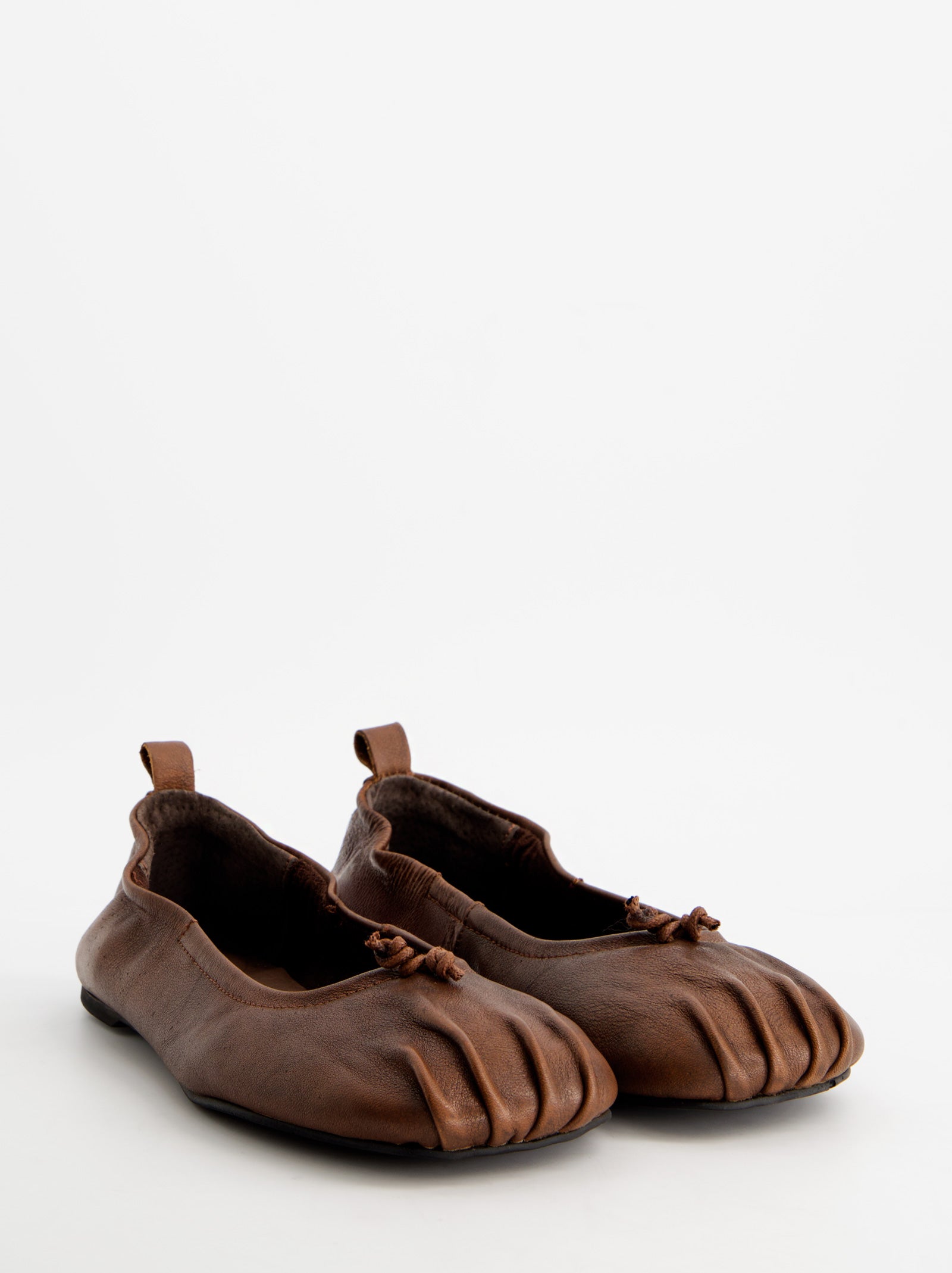 BROWN LEATHER BALLET FLATS WITH RUCHED EFFECT - CATTY