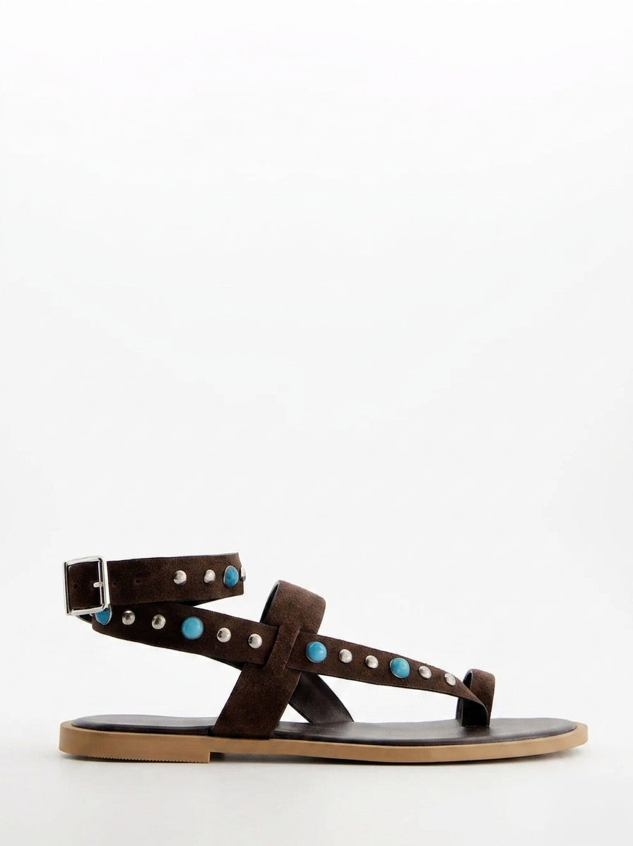 TURQUOISE-STUDDED LEATHER FLAT SANDALS - POMAN