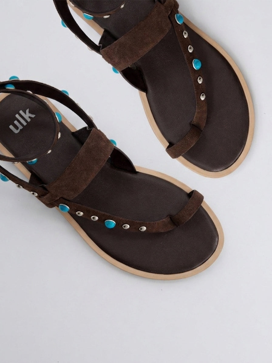 TURQUOISE-STUDDED LEATHER FLAT SANDALS - POMAN
