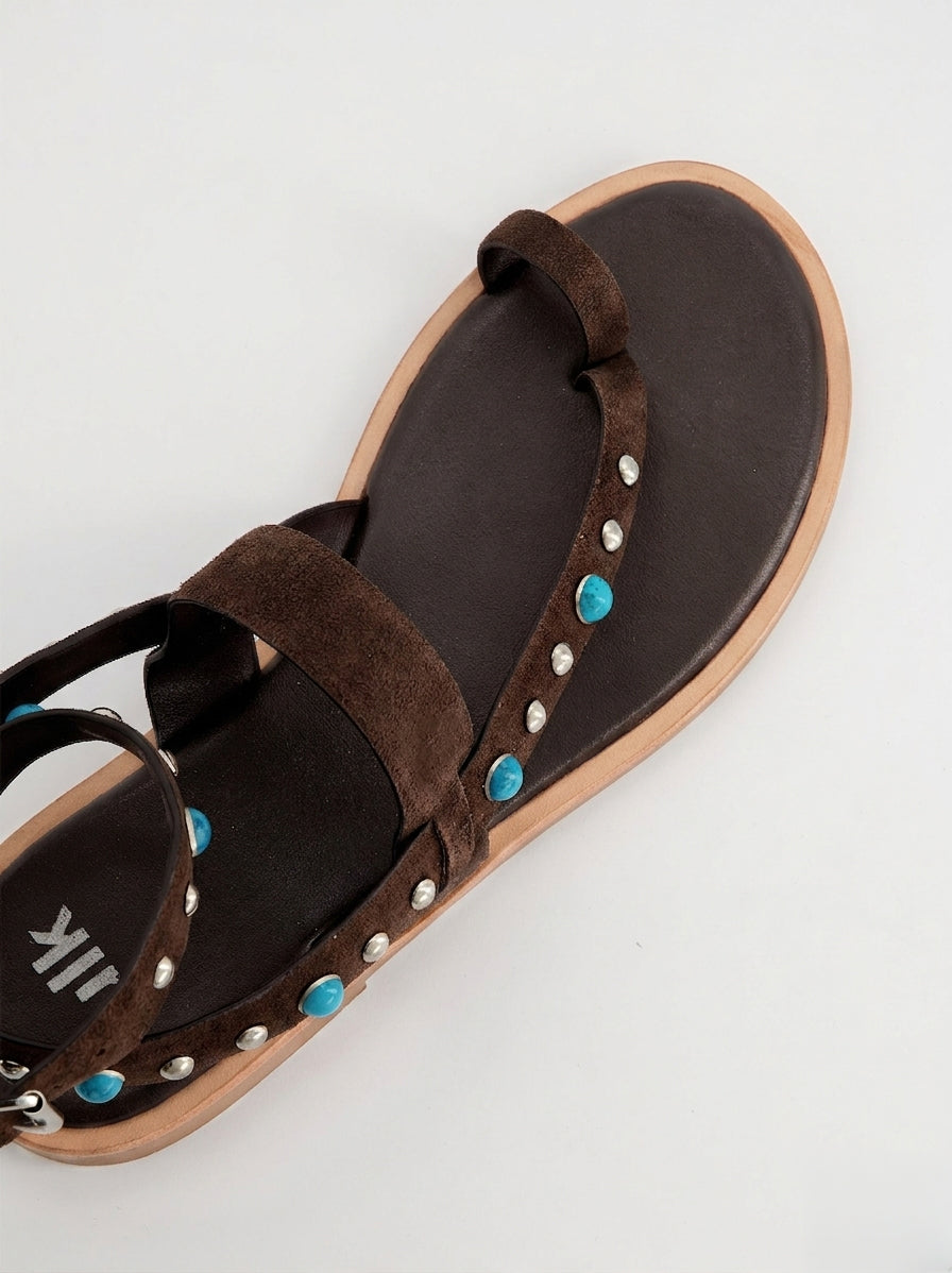 TURQUOISE-STUDDED LEATHER FLAT SANDALS - POMAN